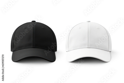 White and black baseball cap templates. Front view, isolated on white background. Mockup.