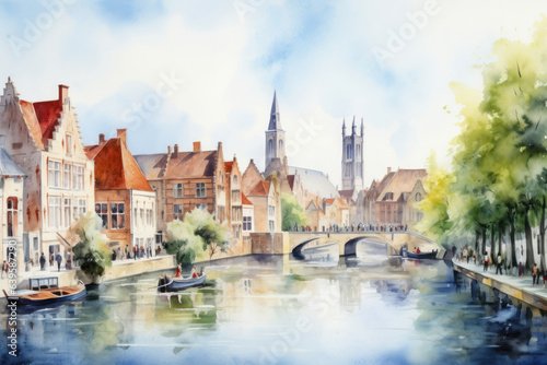 Watercolor Bruges cityscape & Brugge canal aquarelle in Belgium.