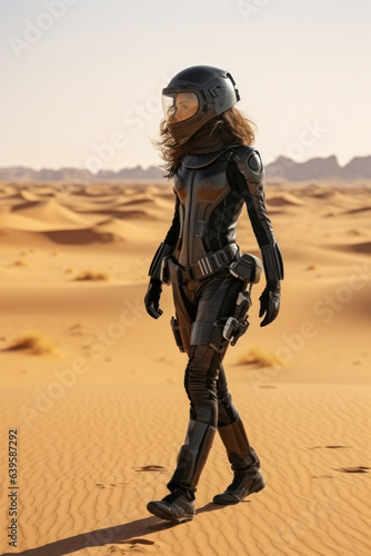 pretty brunette woman wearing futuristic uniform and helmet on a alien desert landscape.