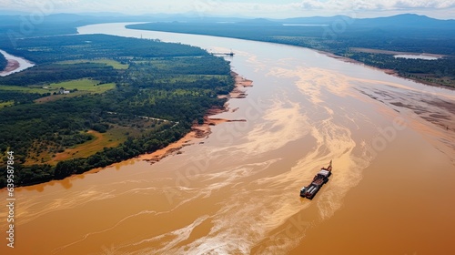 Aerial Viewpoint of Muddy Mekong River and Landscape in Golden Triangle by Panoramic Boat Ride