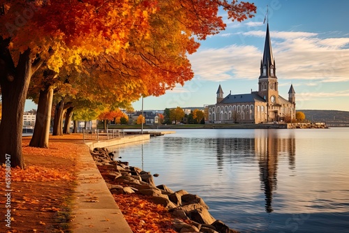 Fall Foliage in Fredericton: Saint John River, City Buildings, and Autumn Trees in New Brunswick, Canada photo