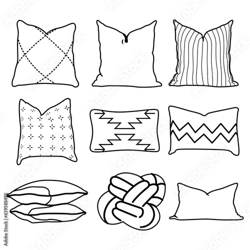 Cosy decorative cushions designs. Pillows set for interior decor comfortable rest. Modern comfy ornamental soft pads for sofa. Outline lineart graphic vector illustrations isolated on white background