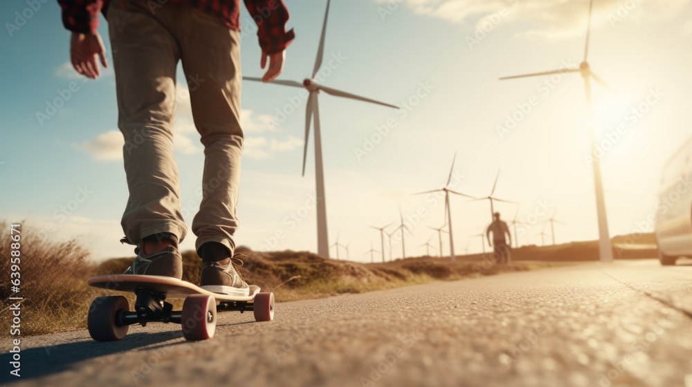 Skateboarding in sunset with wind farm in the background.