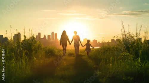 Happy same-sex, lesbian LGBT family with kinds walking in sunset.