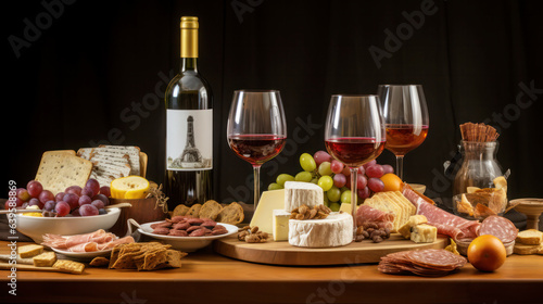 Red wine with bunches of cheese and grapes on vintage wooden table. Copy space.
