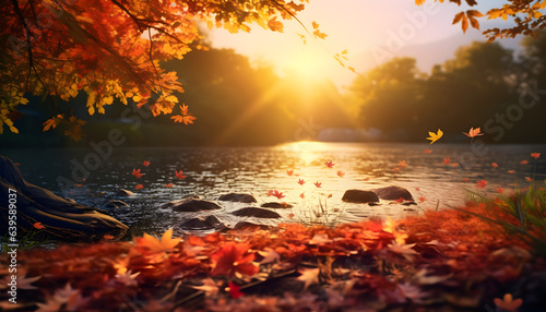 Autumn season with falling leaves, colorful trees and distant sunshine - Generativ AI © Raphael