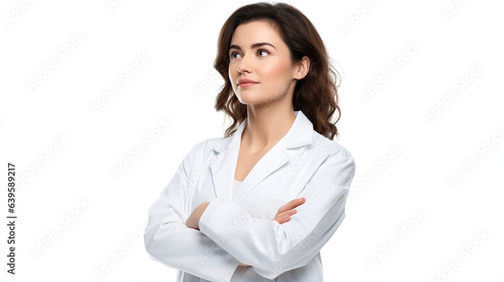 Confident brunette doctor in a white coat stands smiling professionally in a well-lit office Confident brunette doctor in a white coat stands smiling professionally in a well-lit office