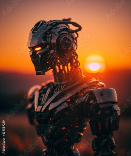 Perfect body: advanced AI robot in the sunset