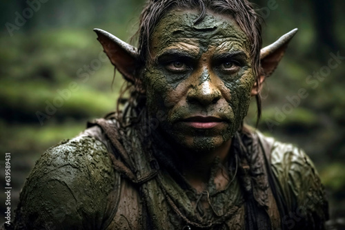 Half goblin half human covered with layer of mud standing in forest © Melipo-Art