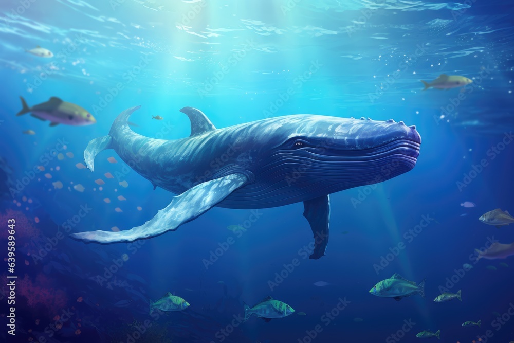 Fototapeta premium A Humpback Whale Plays Near the Surface in Blue Water, AI Generated