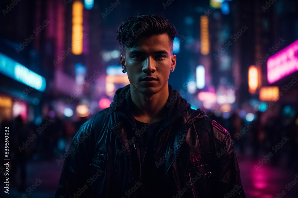 Young man standing in cyberpunk city
