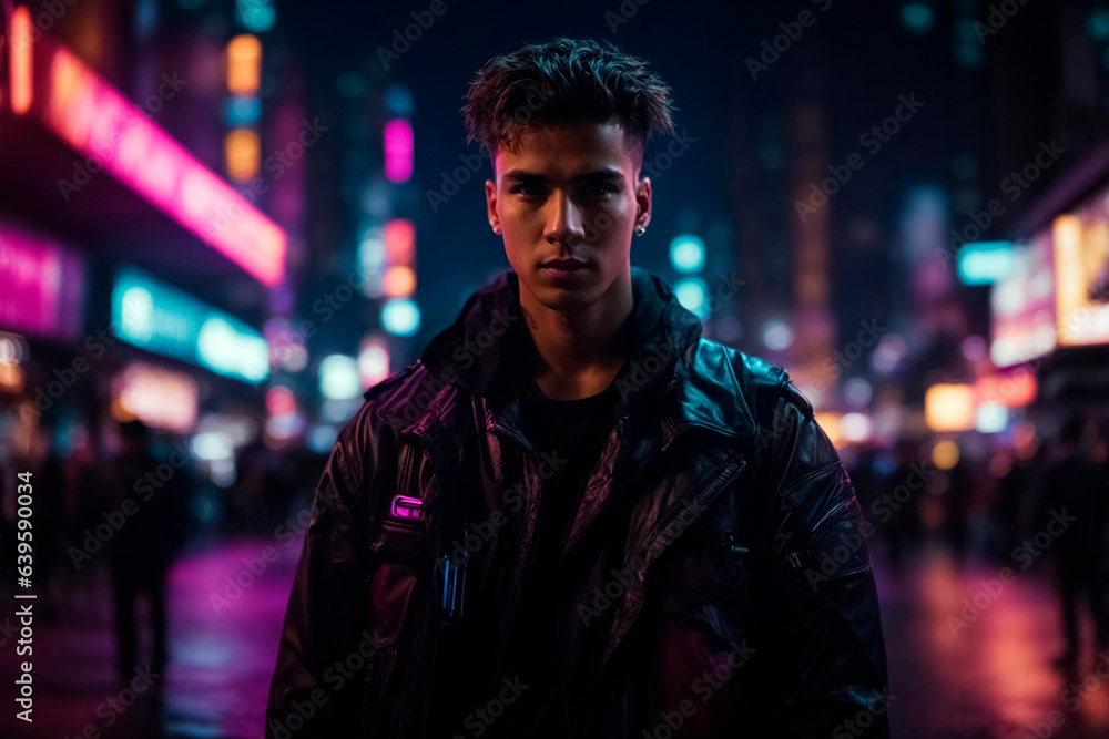 Young man standing in cyberpunk city Young man standing in cyberpunk city
