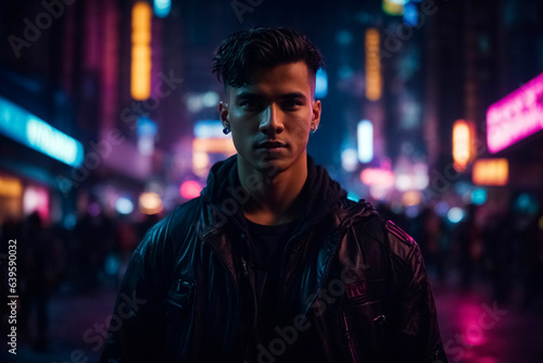 Young man standing in cyberpunk city