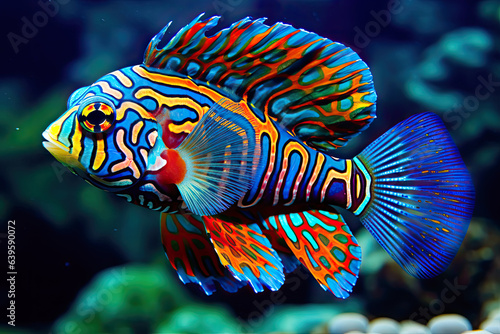 Mandarin fish swimming between sea corals, Ecosystem and environment conservation