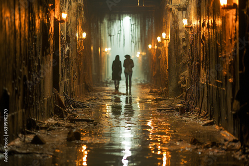 Two people walking down a spooky abandoned hallway © michaelheim