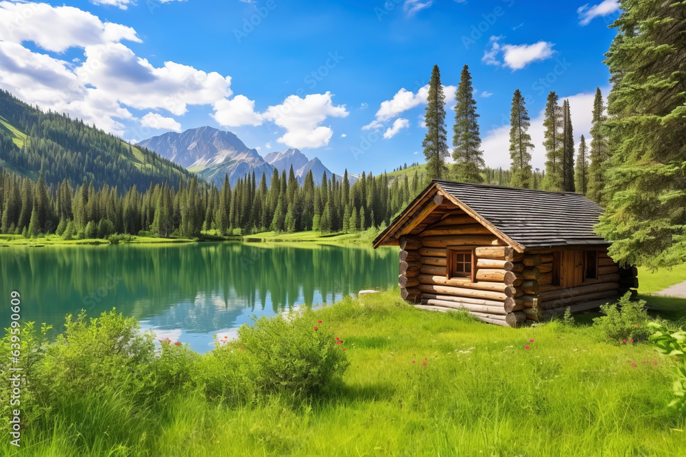 A log cabin built on the shore of a blue lake with a blue sky, soft clouds, and beautiful green nature. Travel concept suitable for vacations and holidays.