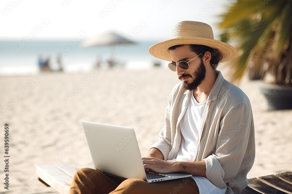 Man work on computer at the beach. Generative ai Man work on computer at the beach. Generative ai