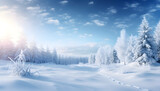 Dreamy Winter Wonderland with blue sky and falling snowflakes - Generativ AI