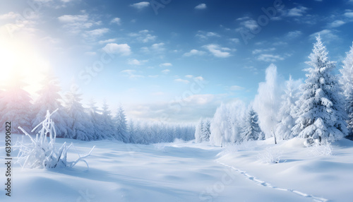 Dreamy Winter Wonderland with blue sky and falling snowflakes - Generativ AI © Raphael