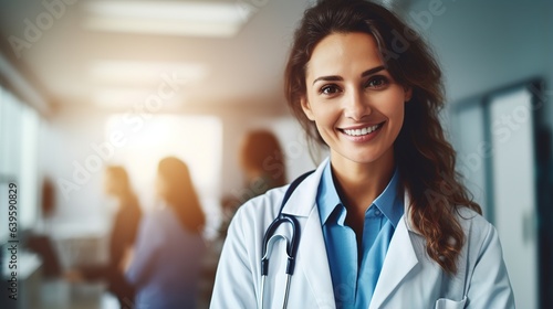 Confident Doctor: A portrait of a smiling female doctor with a stethoscope around her neck in a hospital corridor.