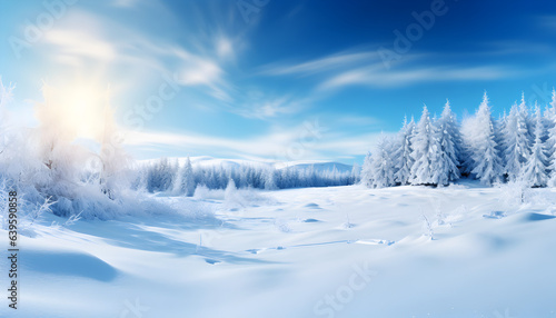Dreamy Winter Wonderland with blue sky and falling snowflakes - Generativ AI © Raphael