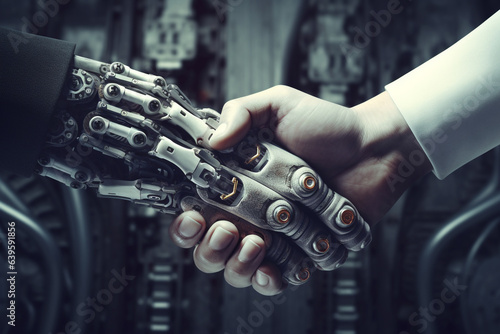 Handshake of man and robot. Modern technologies. Art collage