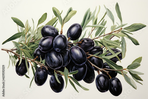Black olives on a branch with green leaves  watercolor drawing on a white background