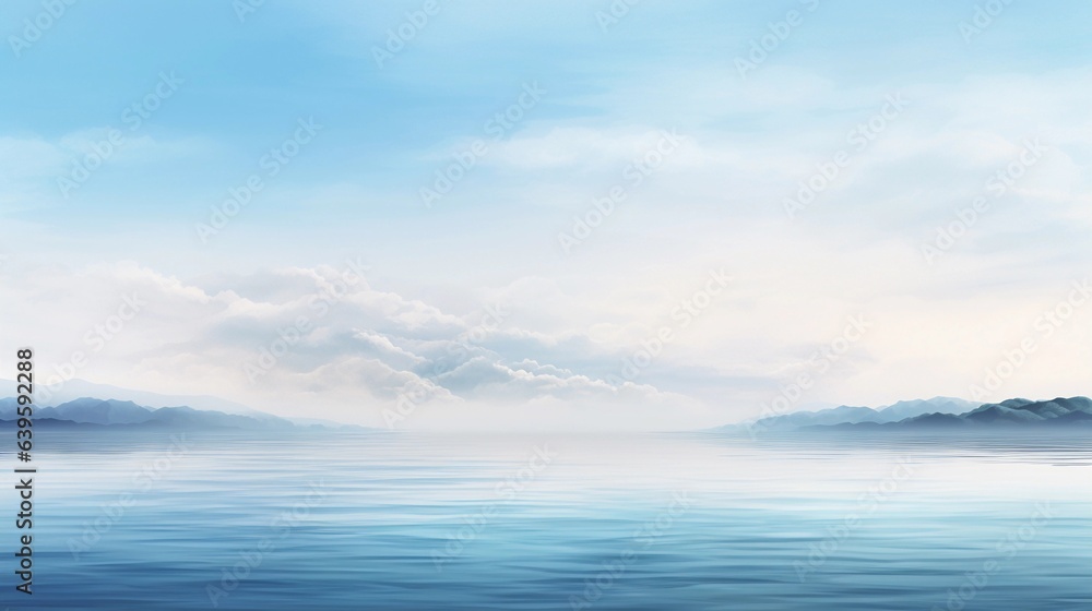 A serene coastal scene with calm waters and a peaceful horizon, leaving space for text near the sky or waterline. AI generated.