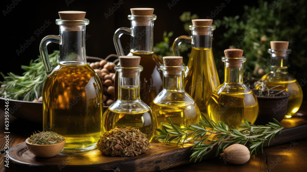 Yellow olive oil in glass bottles on the table, panoramic Yellow olive oil in glass bottles on the table, panoramic
