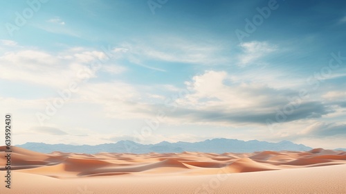 A sweeping desert landscape with sand dunes and an expansive sky, offering an uncluttered backdrop for text overlay. AI generated.