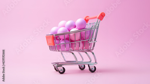 Pink shopping cart on pink background, minimalistic shop online, free delivery, discounts. Generative Ai