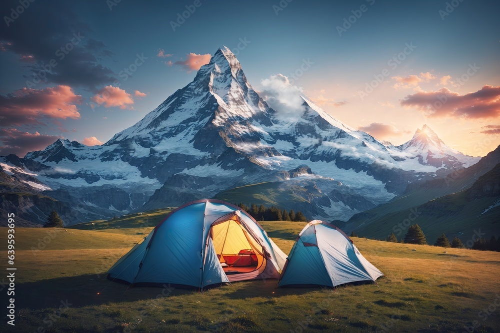 camping tent on a Alpine valley glowing by sunlight. Popular tourist attraction.