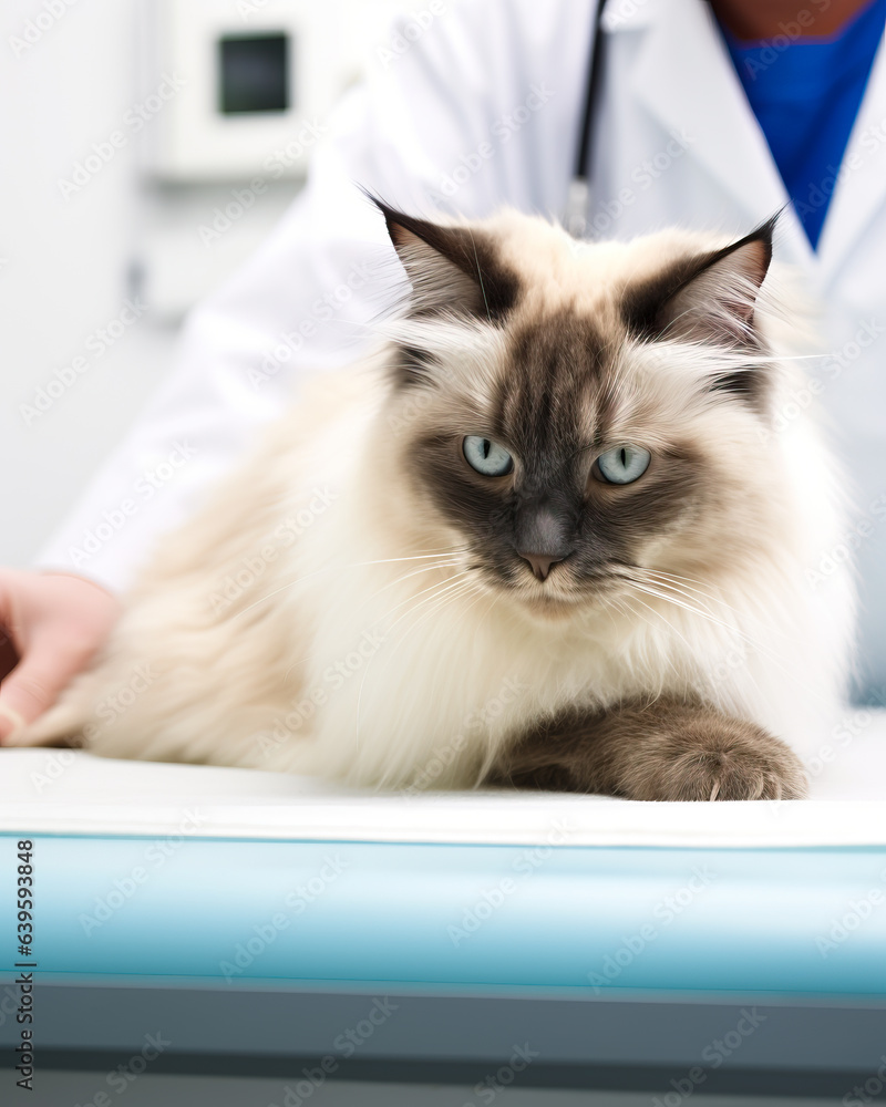 Veterinarian examining a cute cat. Shallow field of view.
