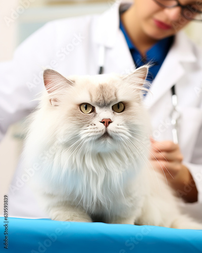 Veterinarian examining a cute cat. Shallow field of view.