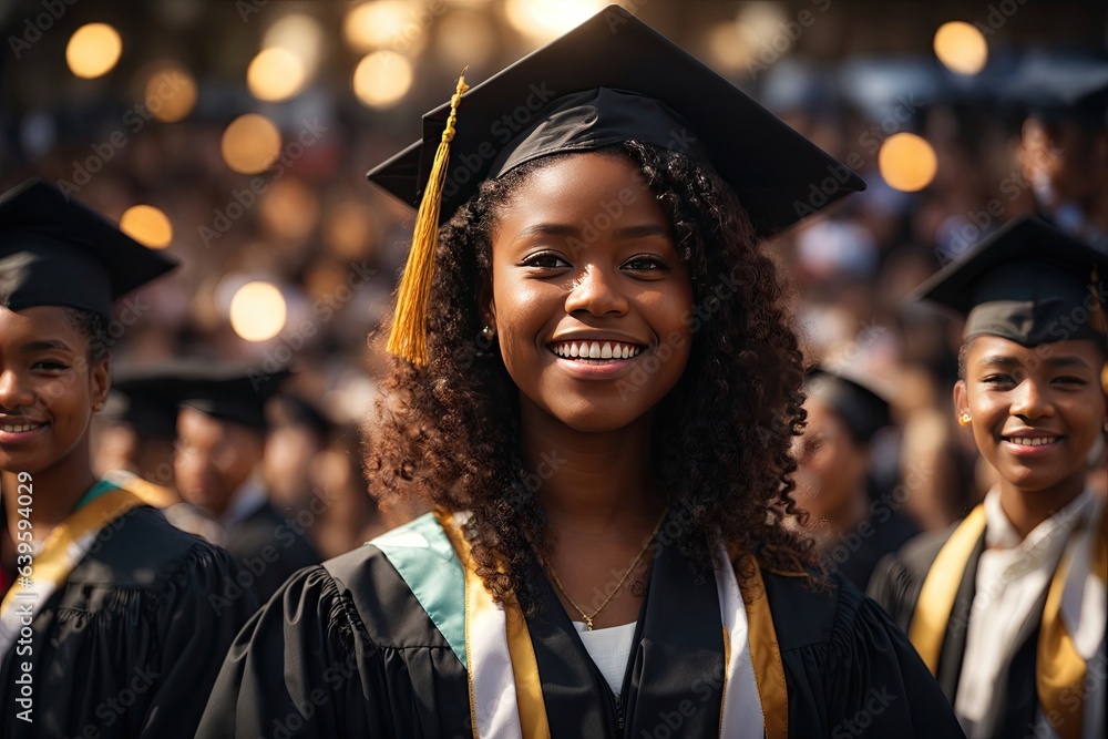 Young african american girl wearing graduation cap and ceremony. - obrazy, fototapety, plakaty 