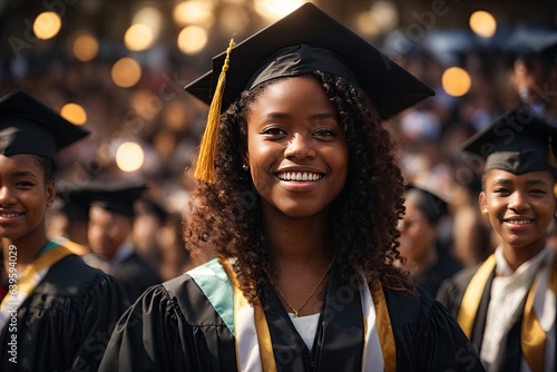 Young african american girl wearing graduation cap and ceremony. photo