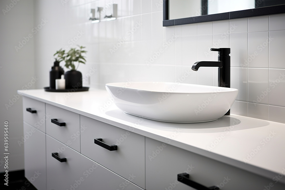 Fototapeta premium Modern minimalism style bathroom interior in black and white tones. Generative AI