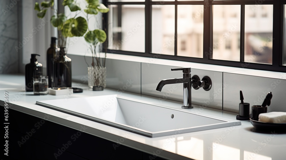 Modern minimalism style bathroom interior in black and white tones. Generative AI Modern minimalism style bathroom interior in black and white tones. Generative AI