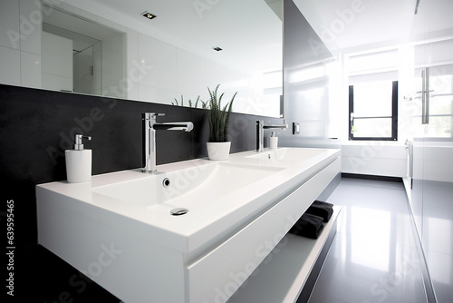 Modern minimalism style bathroom interior in black and white tones. Generative AI