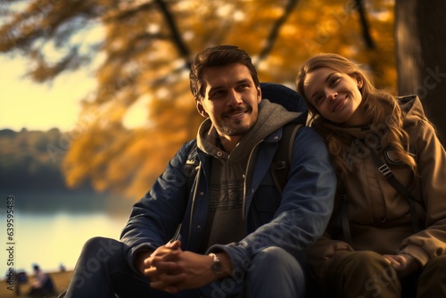 a beautiful young caucasian couple posing for a photo on a forest walk on a vacation in autumn © Romana