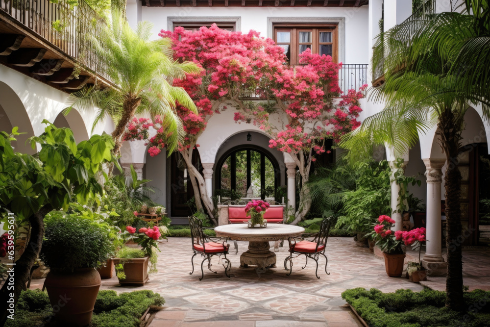 Outdoor courtyard in the central area of the Spanish style house - obrazy, fototapety, plakaty 