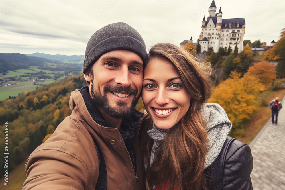 a beautiful young caucasian couple posing for a selfie photo on a forest walk on a vacation in autumn, a castle behind them
