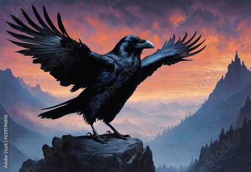 Raven sitting on rock in the sunset. Generative AI
