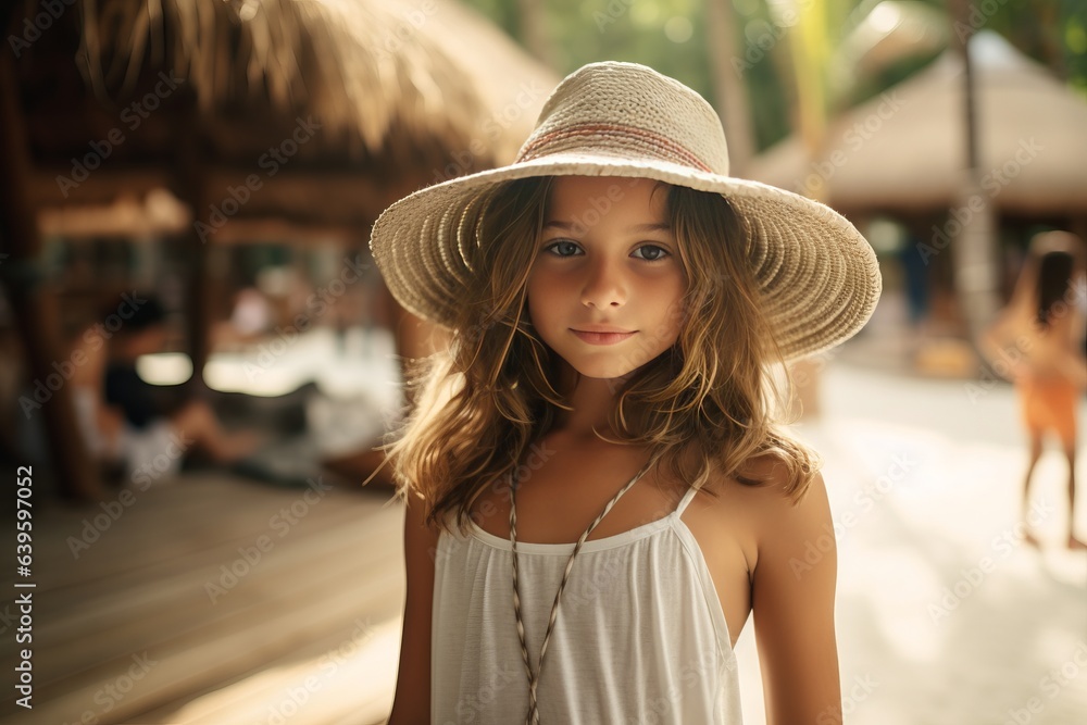 a beautiful young caucasian little girl posing for a photo at the beach on a vacation in summer, the sea or ocean water behind her