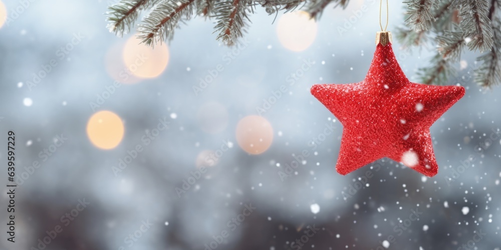 Christmas decoration background, Red Christmas star on tree branch in snowing background, Christmas card, generative ai Christmas decoration background, Red Christmas star on tree branch in snowing background, Christmas card, generative ai