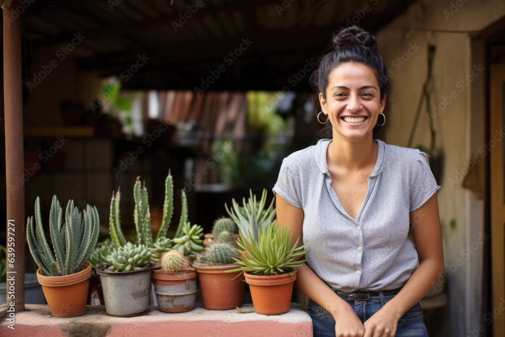 Obraz premium Happy smiling Hispanic woman in the backyard of her house in Mexico
