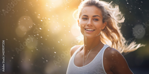 Smiling sportive woman exercising in the park, Beautiful female with blonde hair wearing sportswear, generative ai