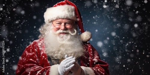 Merry Christmas and happy new year concept  Happy Santa Claus outdoors in snowfall night in eyeglasses looking at camera  generative ai