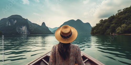 Rear view of the young woman tourist in straw hat relaxing on the boat and looking forward into sea. Travelling tour in Asia, generative ai © OP38Studio