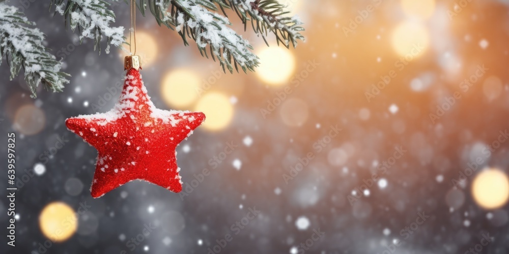 Christmas decoration background, Red Christmas star on tree branch in snowing background, Christmas card, generative ai Christmas decoration background, Red Christmas star on tree branch in snowing background, Christmas card, generative ai